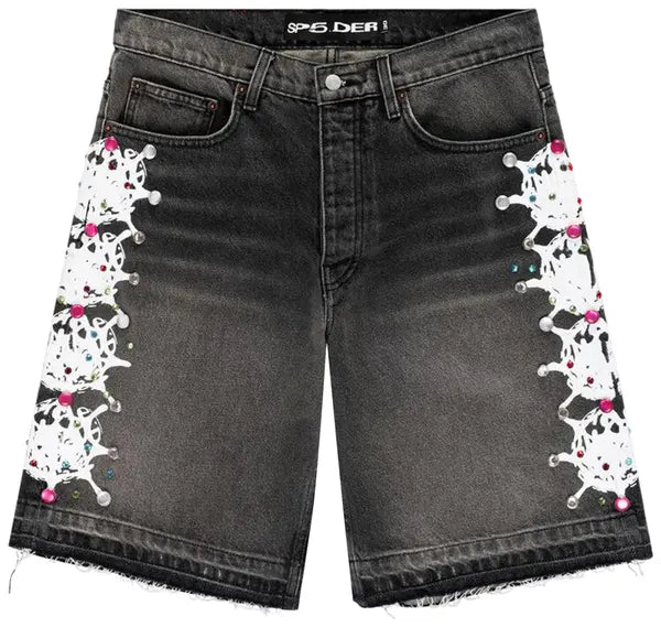 Sp5der Web Stone Denim Shorts 'Black Wash'
