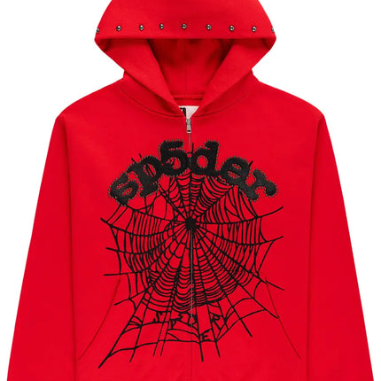 Sp5der OG Web Studded Zip Hoodie 'Red'