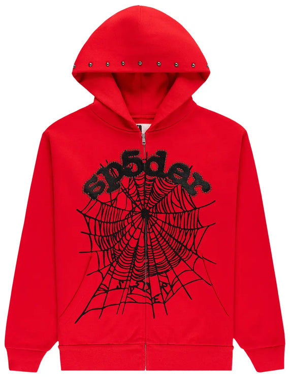 Sp5der OG Web Studded Zip Hoodie 'Red'