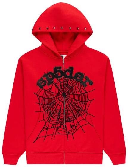 Sp5der OG Web Studded Zip Hoodie 'Red'